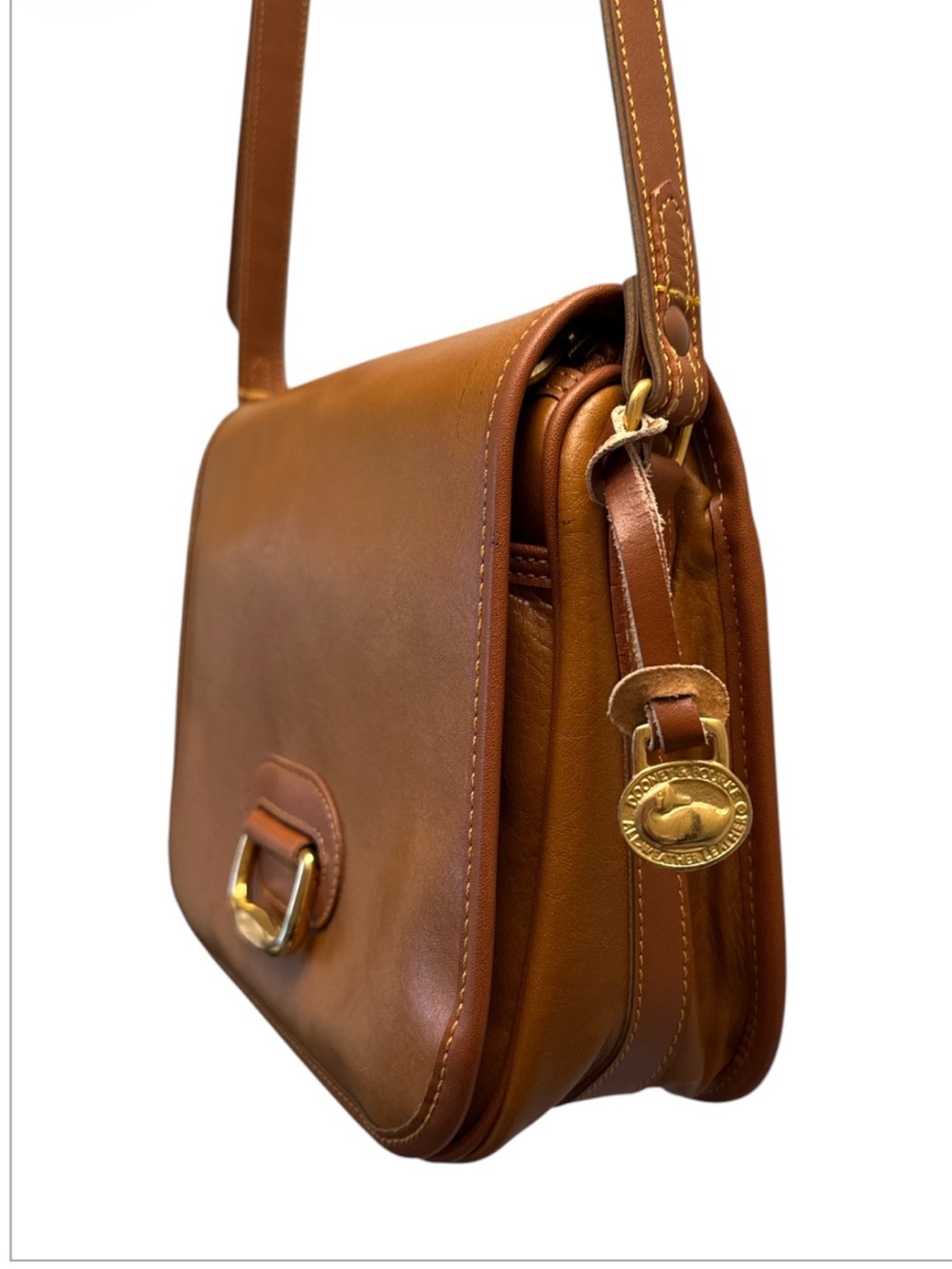 Vintage Dooney & Bourke Tan Leather Crossbody Saddle Bag with Gold Hardware - Picture 3 of 8